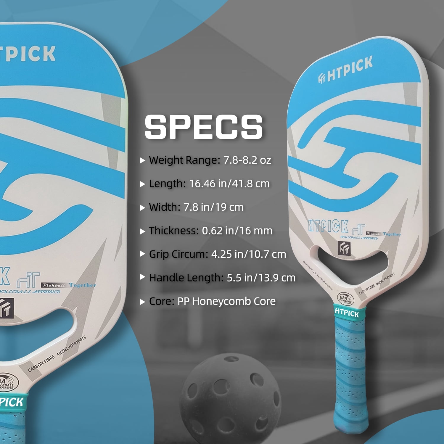 HTPICK Thermoformed Pickleball Paddle - T700 Carbon Fiber Surface, 16mm Honeycomb Core, Blue, USAPA Approved