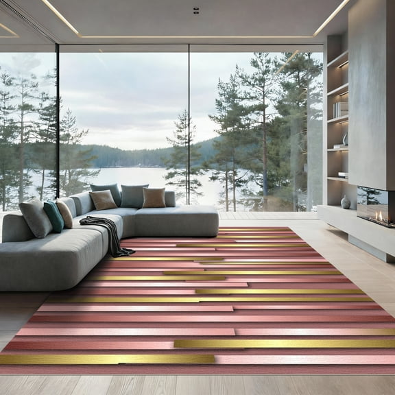 ODIKA 6' x 9' Machine Washable Non-Slip Area Rug, geometric striped High Traffic Rug, Pink, 1298983
