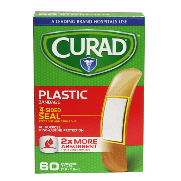 Curad Pansements en Plastique 4 Côtés 2x Plus Absorbants 60 Unités