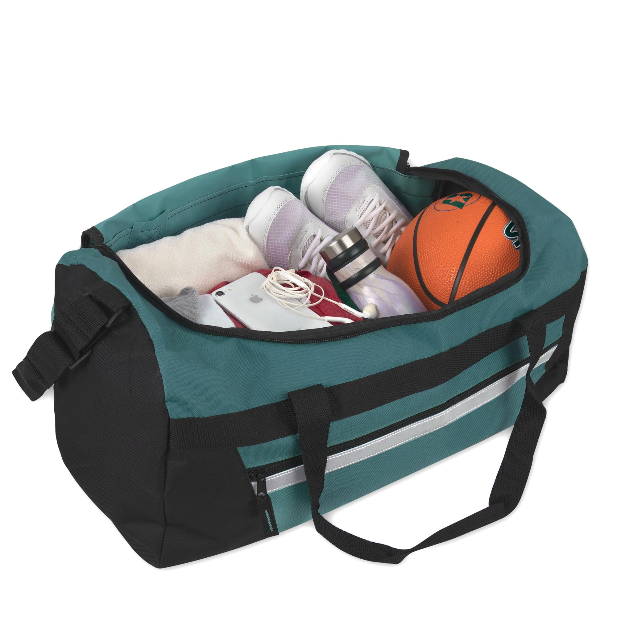 24 Pack of Bulk Wholesale 40 Liter 22 Inch Duffle Bags with Reflective Stripe, Front Accessory Pocket, Velcro Handles and Luggage Strap for Sports, Gym & Traveling in Green