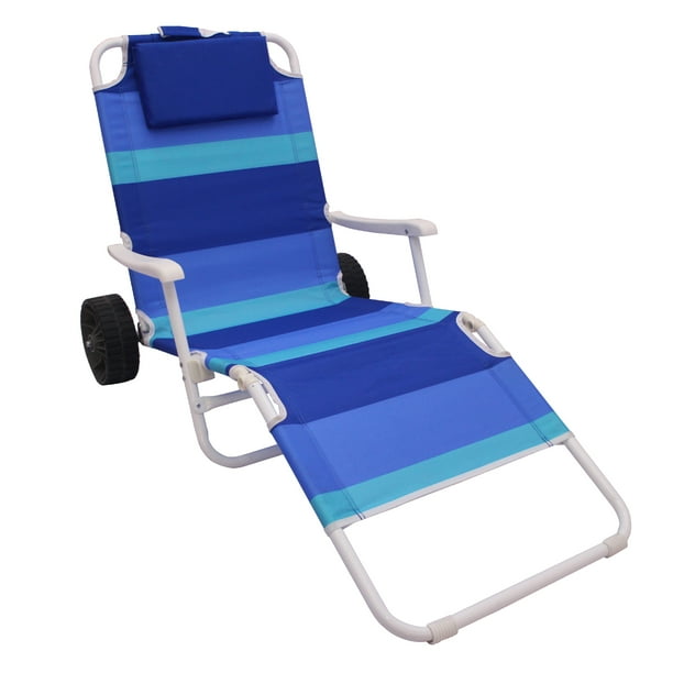 Mainstays Folding 2-In-1 Beach Lounger & Roller Cart Blue Stripe - Walmart.com - Walmart.com