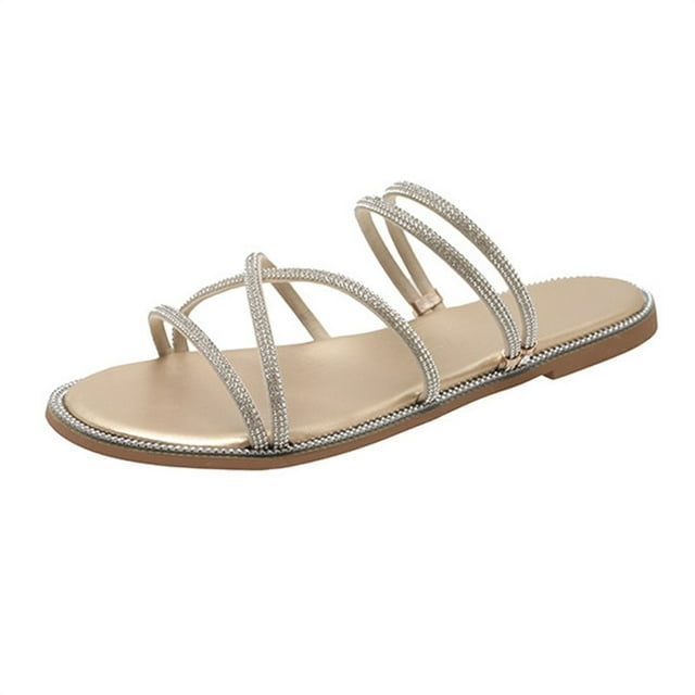 NOKIO Pantoufles Plates pour Femmes Décorées de Strass, Sangle Réglable Chaussures d'Été Décontractées Respirantes Semelle Antidérapante pour Intérieur Extérieur