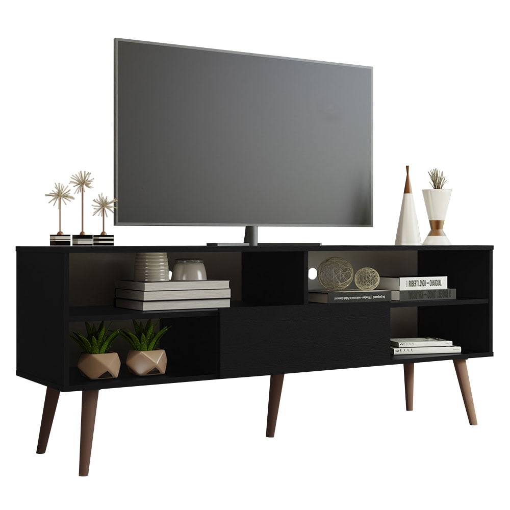 Madesa Modern TV Stand with 1 Door and 4 Shelves with Cable MANAGEMENT for 55, 65 Inch Media Storage Media Console Living Room and Bedroom Entertainment Center Wooden Television Cabinet - Black