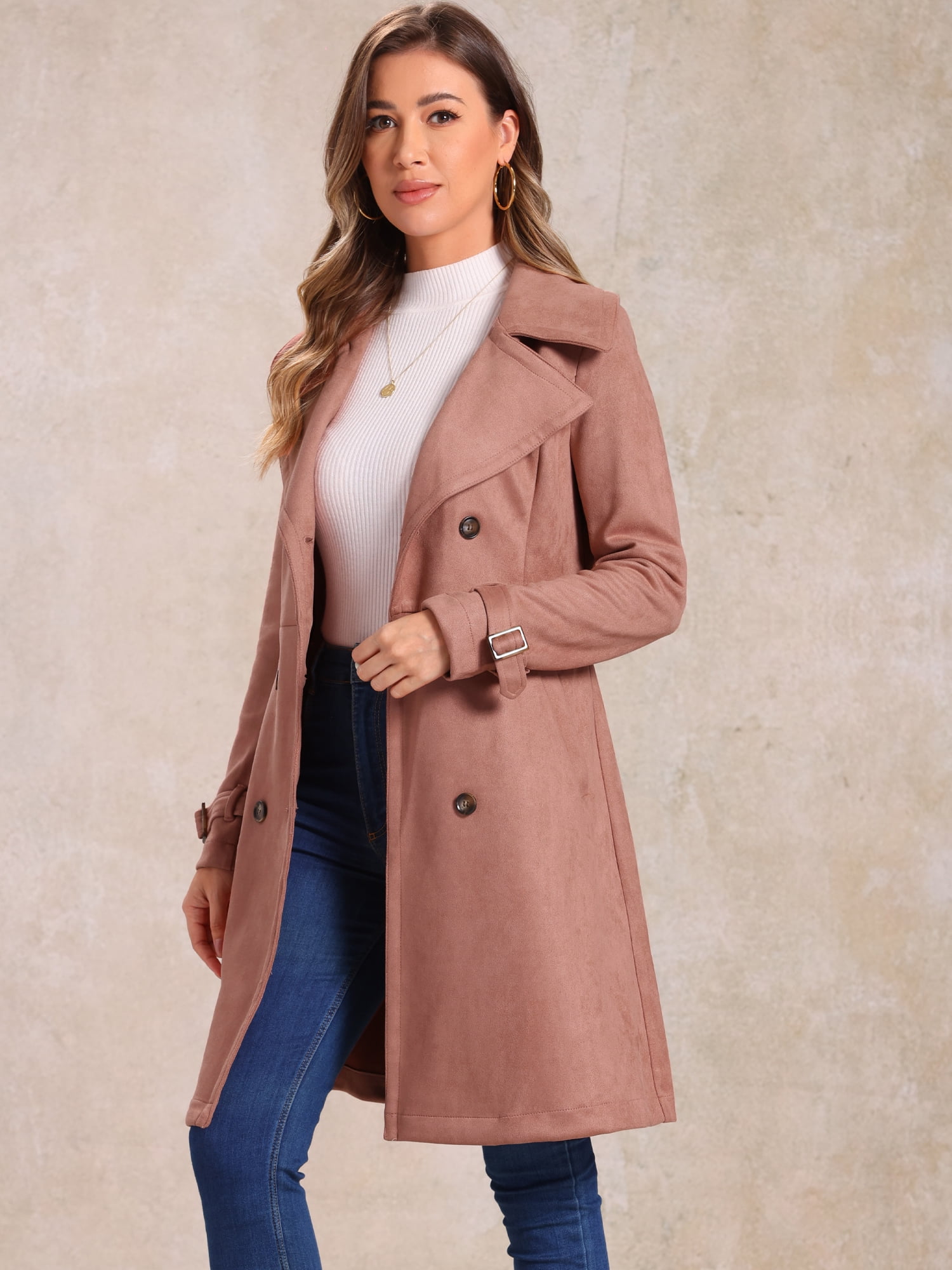 DARING DIVA Women's Strap Cuff Solid Double Breasted Tie Belt Trench Coats Dark Pink L