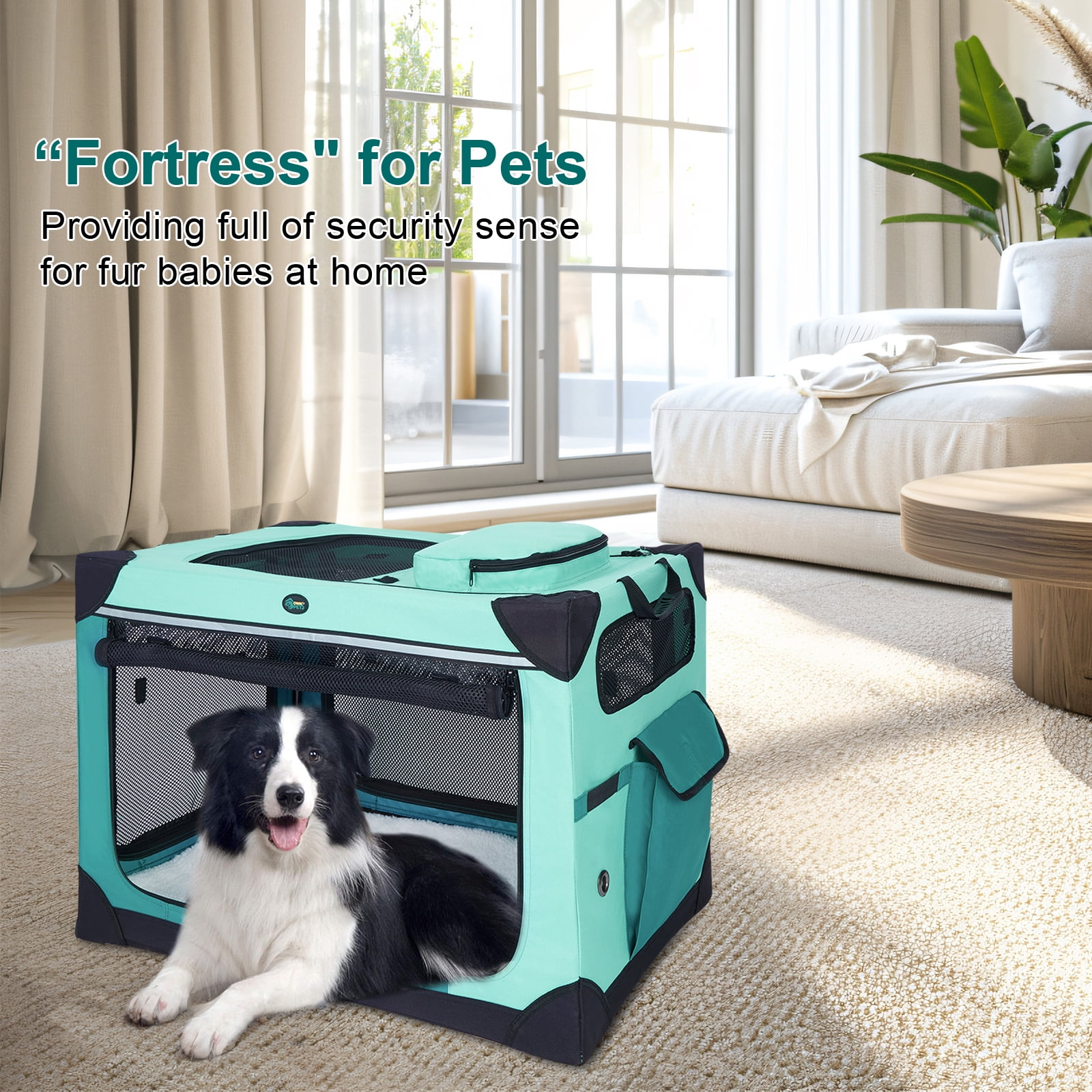 Ownpets Collapsible Dog Crate 42 inch Portable Travel Dog Crate for Large Dogs 4-Door Foldable Pet Kennel with Durable Mesh Windows & Soft Mat