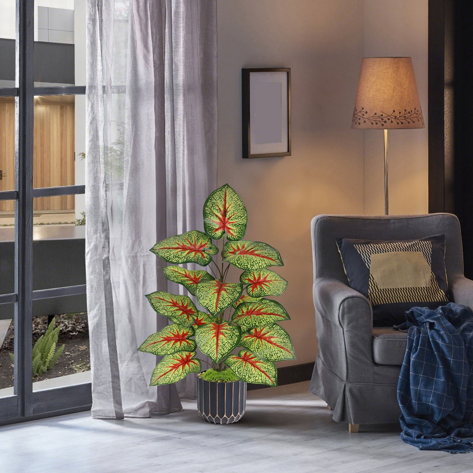 Artificial Caladium Plant Faux Red Heart Variegated Tropical Houseplant Realistic No Maintenance for Indoor Living Room Outdoor Patio Home Decor Fake Tropical Plants 25.6 Inch 1Pcs