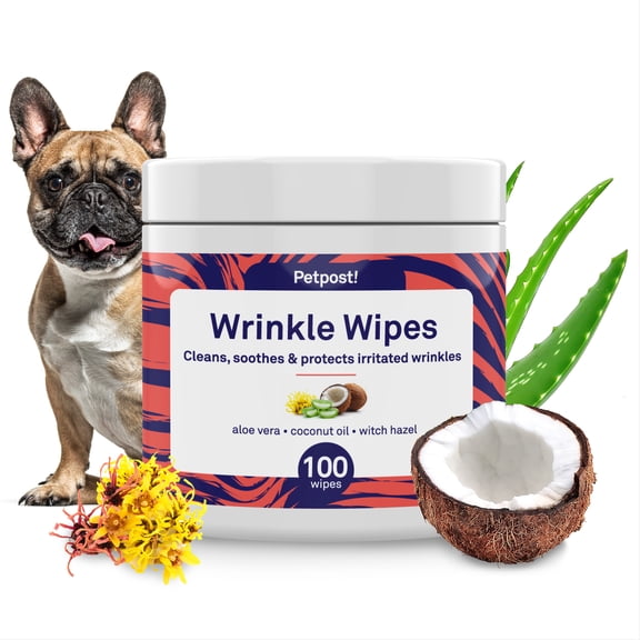 Petpost Bulldog Wrinkle Wipes - 100 Pre-Soaked Cotton Pads with Coconut Oil & Aloe - Gentle Cleanser for Pug, Bulldog & Wrinkly Breed Folds