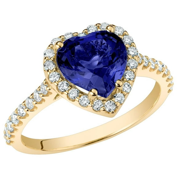 PEORA 14K Yellow Gold Created Blue Sapphire and Lab Grown Diamond Sweetheart Ring for Women, 3.50 Carats Total, 8mm Heart Shape, Size 7.5