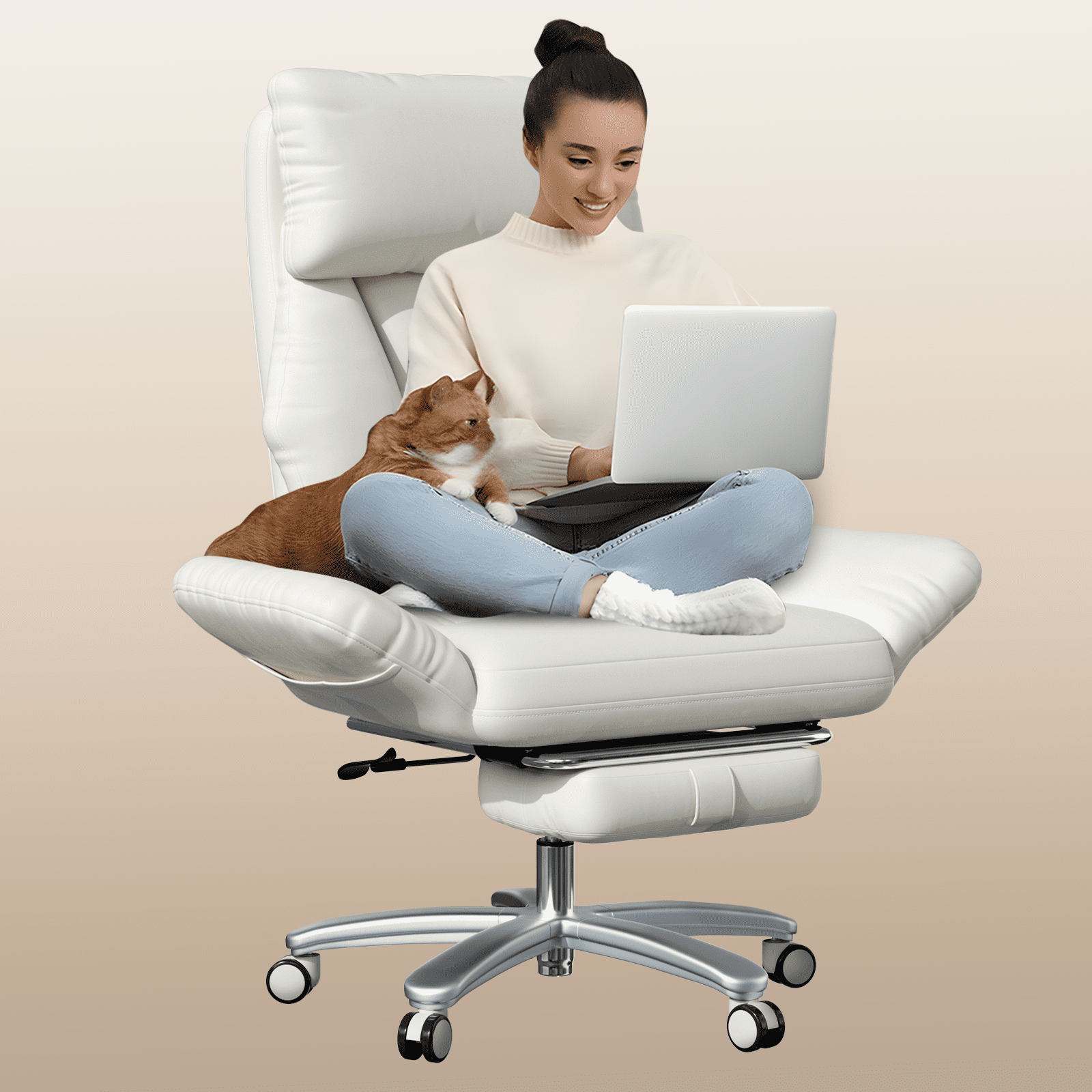 iooHug Criss Cross Office Chair, Big and Tall 500lbs High Back Faux Leather Desk Chair with Footrest, Wide Seat Cross-Legged Reclining Chair with Reversible Armrests and Lumbar Support, White