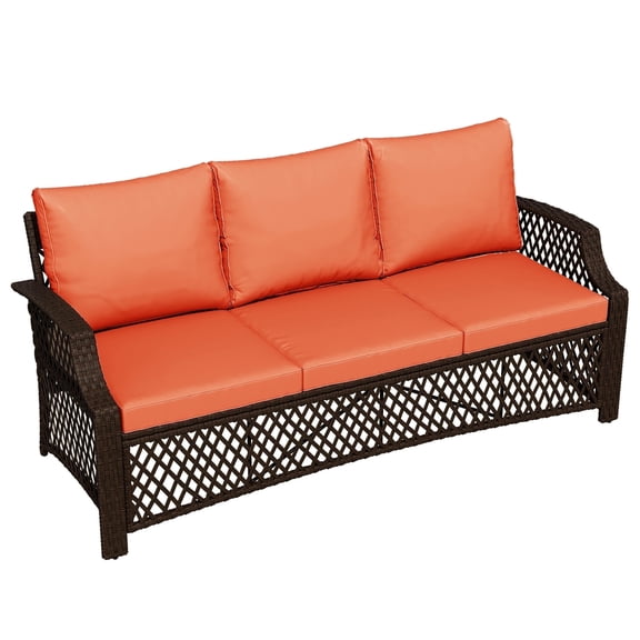 Homrest Wicker Patio Furniture 3-seat Sofa,Outdoor Seating Couch with Cushions, All-Weather Patio Couch for Porch, Poolside, Garden, Deck(Orange)