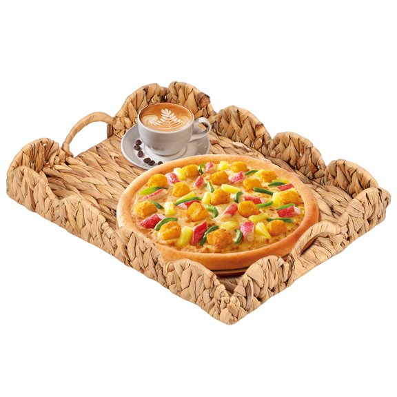 Rattan Tray Scalloped Edge Rattan Basket Decorative Rattan Serving Tray Rattan Organizer Trays Multipurpose Table Decor Trays for Family Kitchen Farmhouse Tea Room