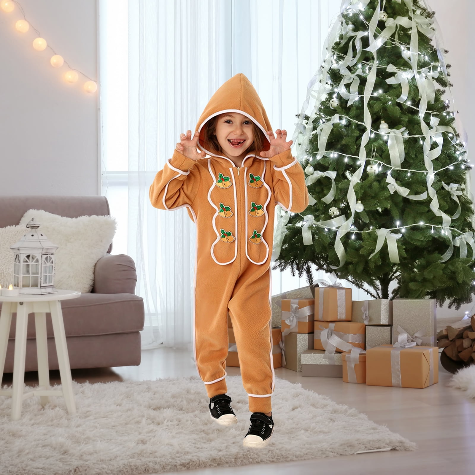 Farfi Christmas Onesie Costume for Kids Gingerbread Man/Santa/Green Elf Cosplay Outfit Unisex Plush Bodysuit for Halloween Christmas Carnival Festival(Red, M)