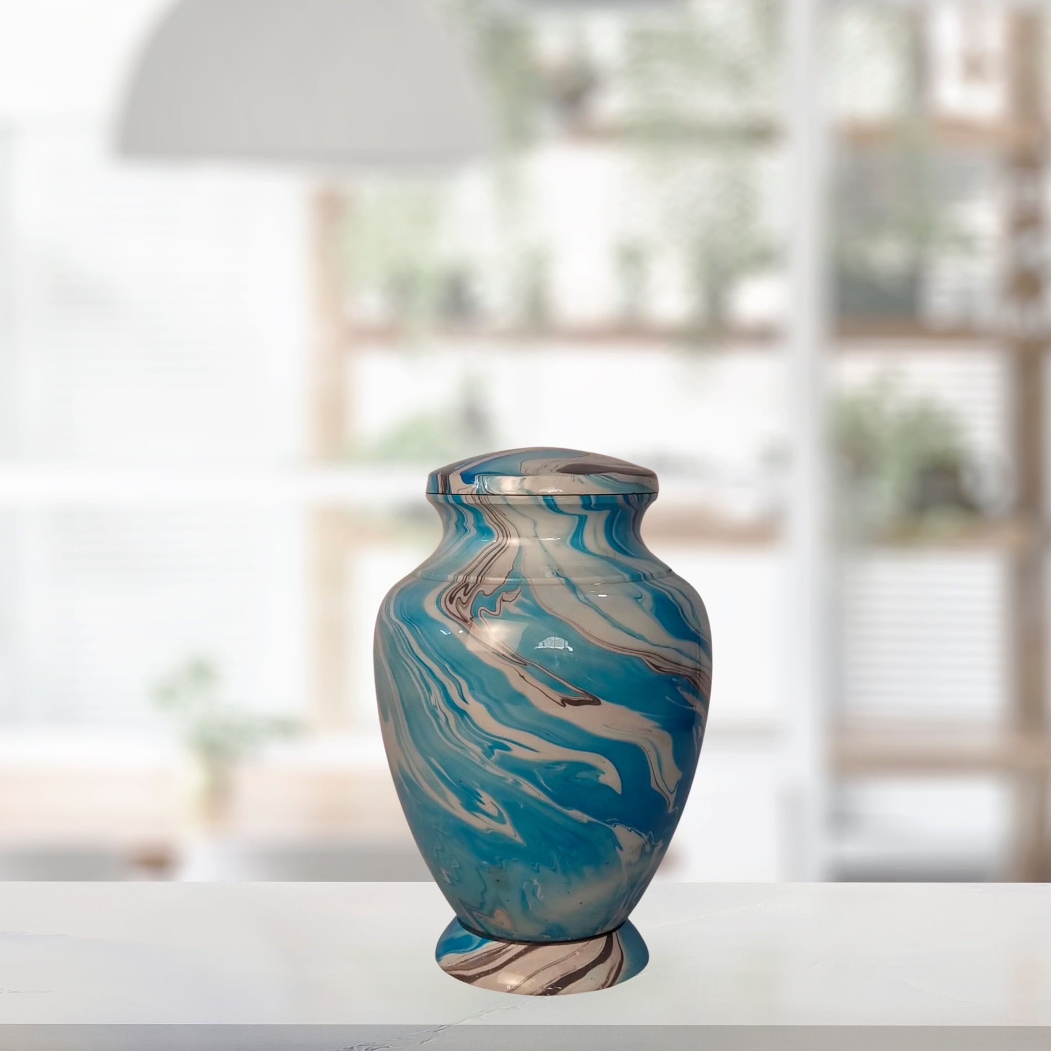 Marble Finish Blue Large Adult Cremation Urn for Human Ashes — With