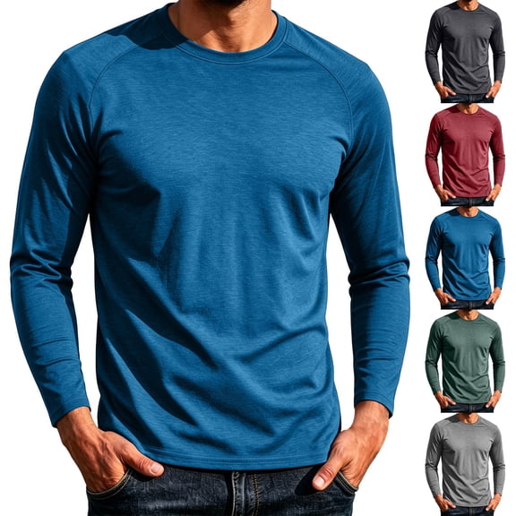 ZVAVZ Solid Long Sleeve T-Shirts for Men Ice Silk Crew Neck Athletic Tee Shirts Quick Dry Running Workout Tees Lightweight Stretchy Fitness Tops Blue S