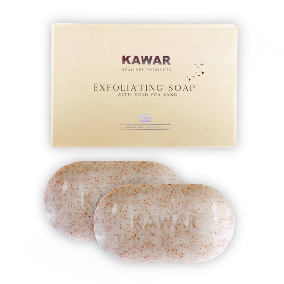 KAWAR Jabón exfoliante del Mar Muerto con arena del Mar Muerto - Ácido salicílico Cloruro de magnesio Manteca de karité Aceite de oliva y árbol de té - Barra de jabón vegana para hombres y mujeres 4.2