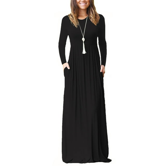Vestido largo Nikou con bolsillos laterales y cuello redondo para mujer