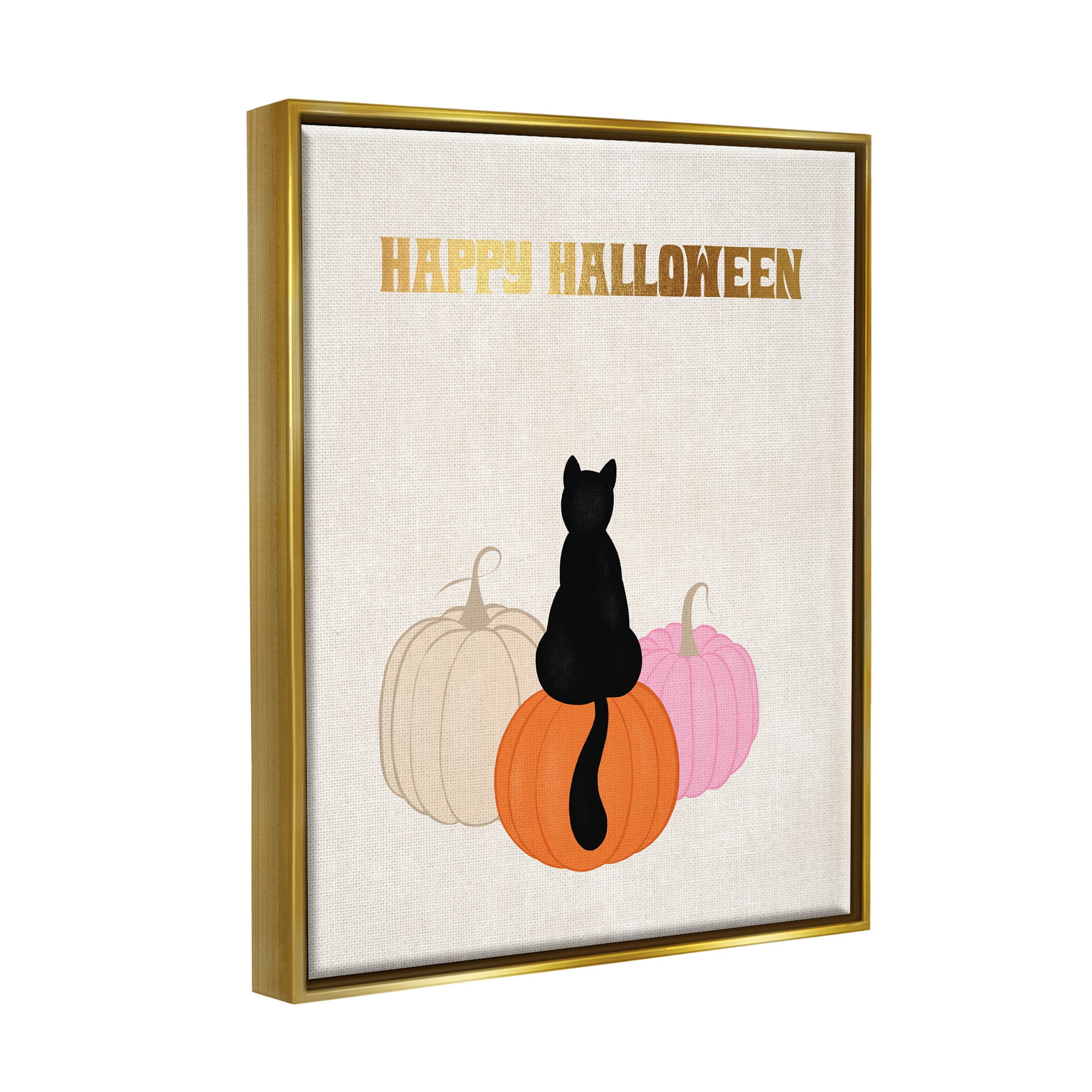 Happy Halloween Black Cat Pumpkins Holiday Graphic Art Metallic Gold Framed Art Print Wall Art