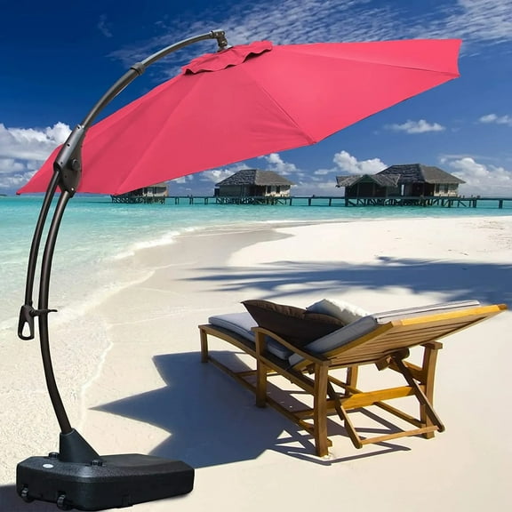 Yangming 12 FT Curvy Aluminum Patio Umbrella Offset Umbrella, Patio Cantilever Umbrella with Base,Red