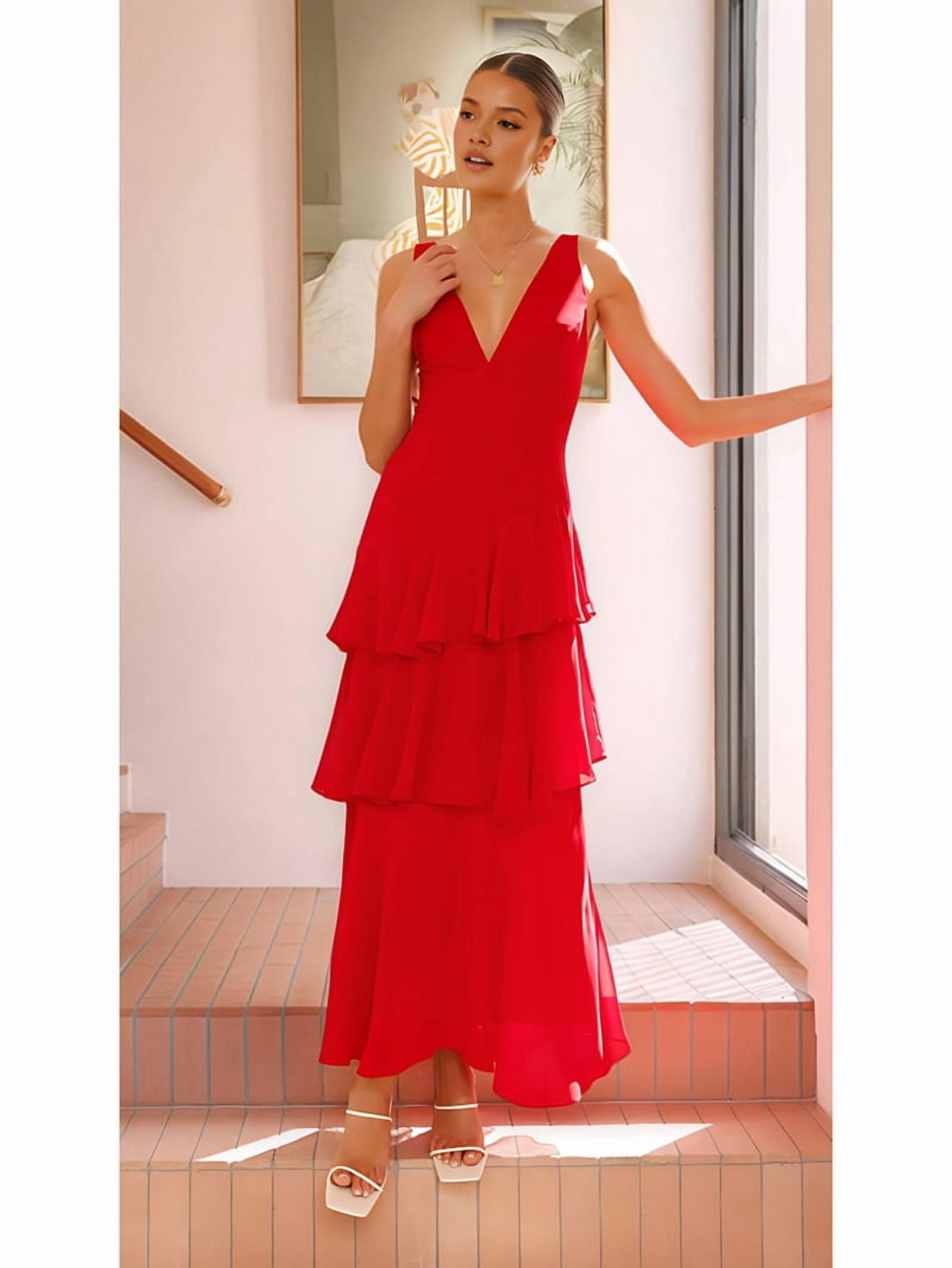 Tiered Chiffon Bridesmaid Dresses for Women Ruffle Formal Evening Dresses Long with Pleated Red M