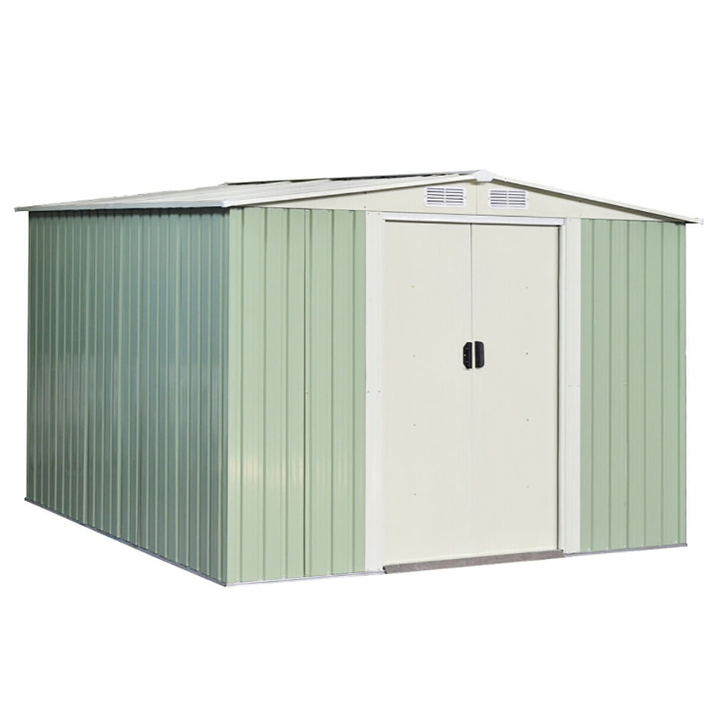 Spaco 8x8 Feet Outdoor Garden Galvanized Steel Storage Shed with Sliding Door-Light Green, Tools Bike Accessories, Beach Chairs and Push