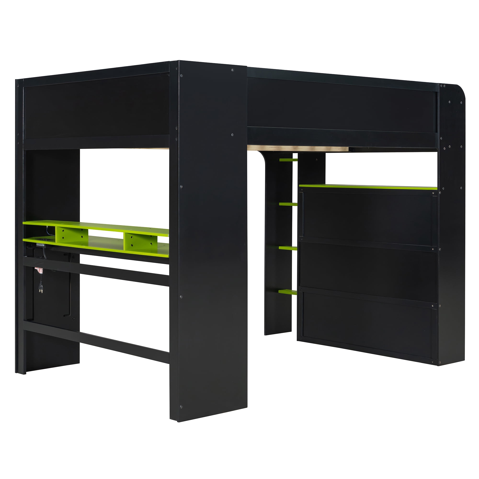 Aukfa Full Size Loft Bed with Desk, Wardrobe, USB Port and RGB Lights, Wood Gaming Loft Bed for Kids Teens Adults, Green
