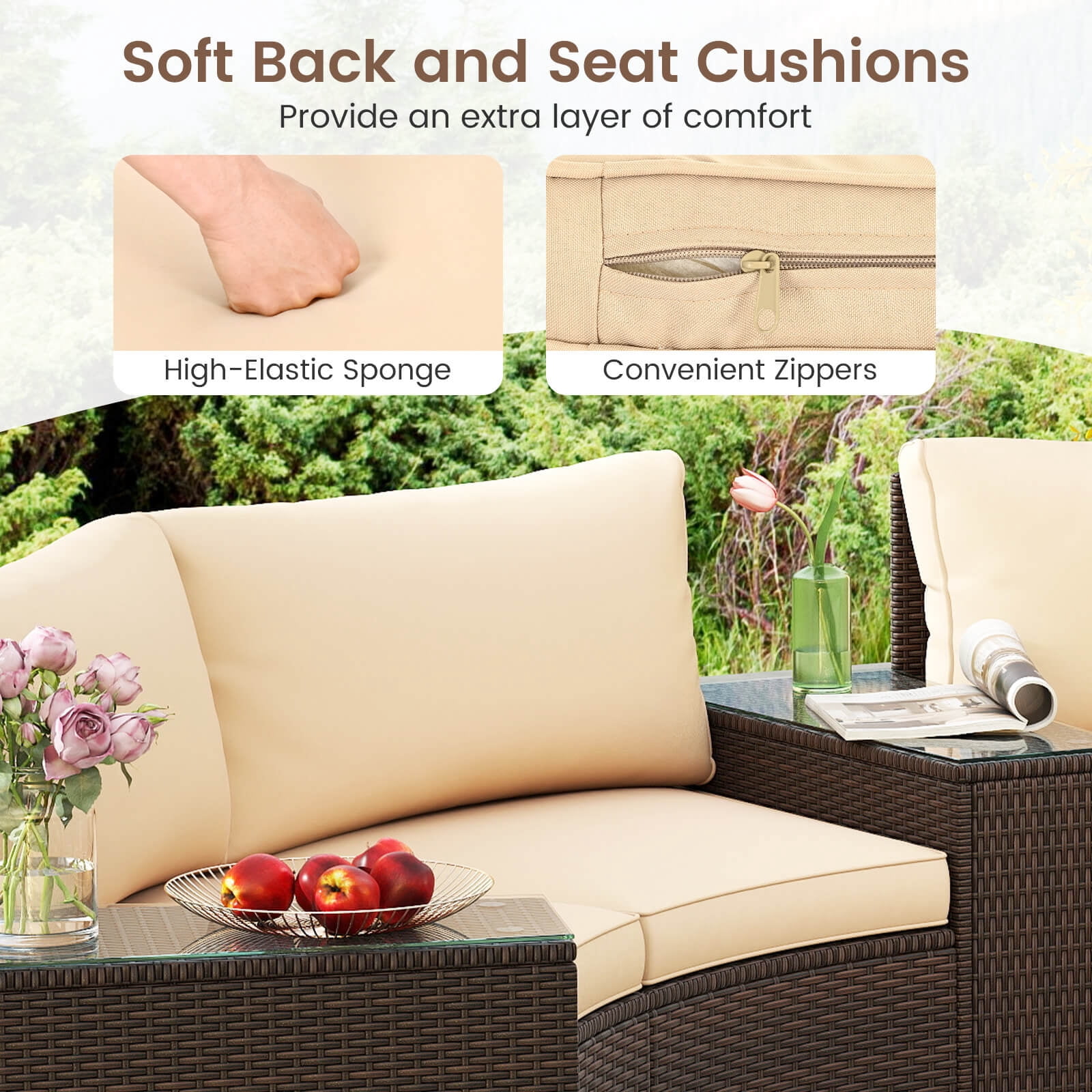 Costway 5 PCS Patio Furniture Set with Tempered Glass Top Side Tables Back & Seat Cushions
