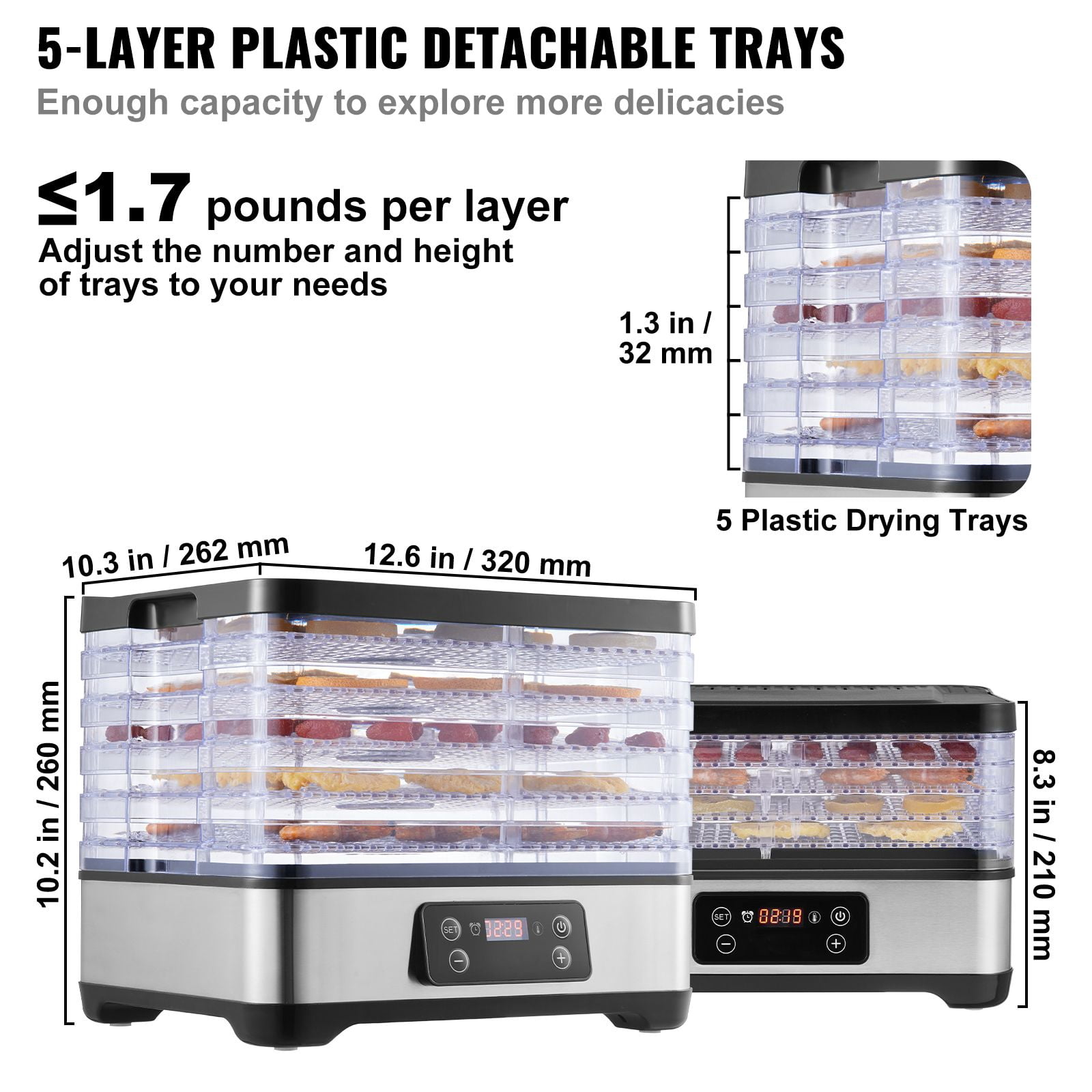 5-Tray Food Dehydrator Machine with 300W Power, 95-158°F Adjustable Temp, 0.5-48H Timer, 360° Air Circulation, BPA-Free for Jerky Fruit