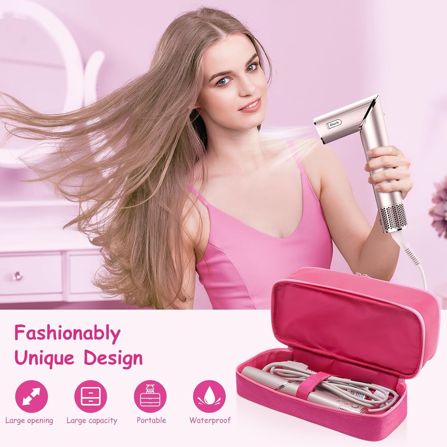 Travel Carrying Case for Hair Dryer for Shark Flexstyle Double-Layer Hair Accessories Tools Storage Bag for Revlon Hairdryer Styler Organizer (PINK)