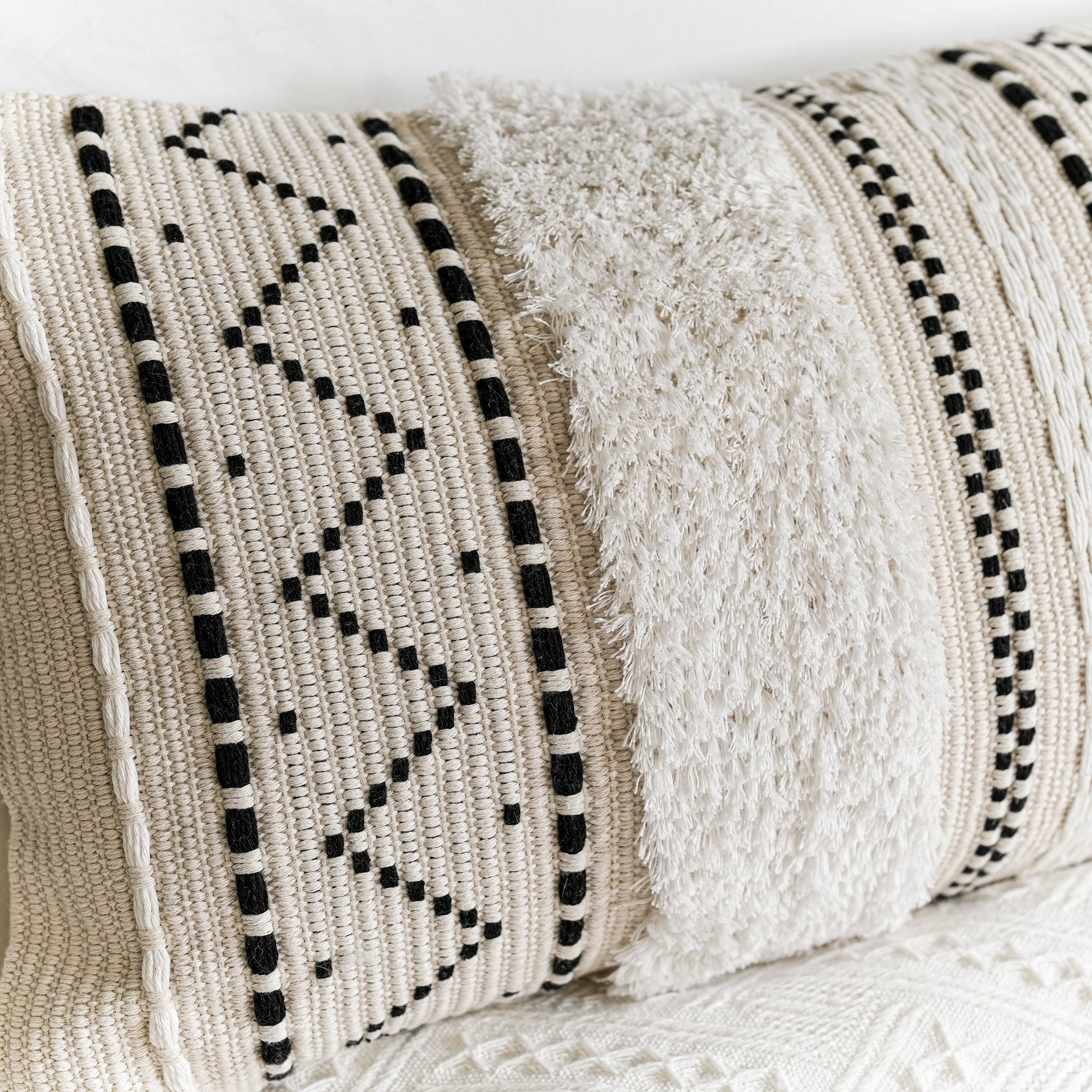BlissBlush Decorative Lumbar Throw Pillow Cover 12x20 Combo Set of 2 Rectangular Boho Accent Pillowcase Black Neutral Farmhouse Cushion for Couch Sofa Bedroom Living Home Décor Cover ONLY
