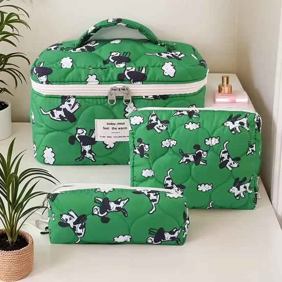 3Pcs Cotton Quilted Makeup Bag Set,Large Floral Cosmetic Bag，Aesthetic Toiletry Travel Makeup Bag Set and Cute Flower Bag for Women Girls