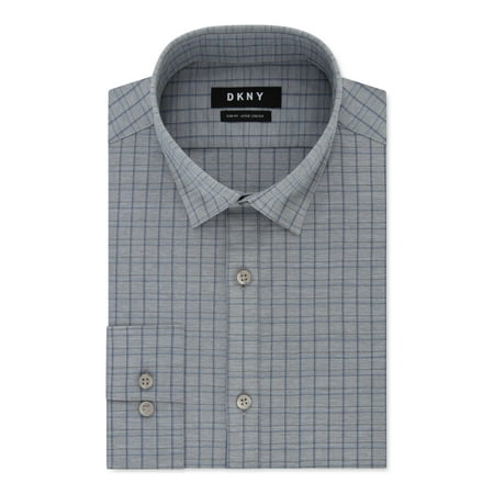 DKNY Mens Blue Windowpane Plaid Long Sleeve Collared Slim Fit Work Dress Shirt M 15- 34/35