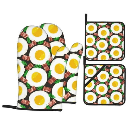 

Oven Mitts and Pot Holders Sets 4 pcs - Poached Eggs Bacon Rosemary Heat Resistant Silicone Oven Gloves with Non-Slip Silicone Surface and hot pads for kitchen Baking Cooking BBQ