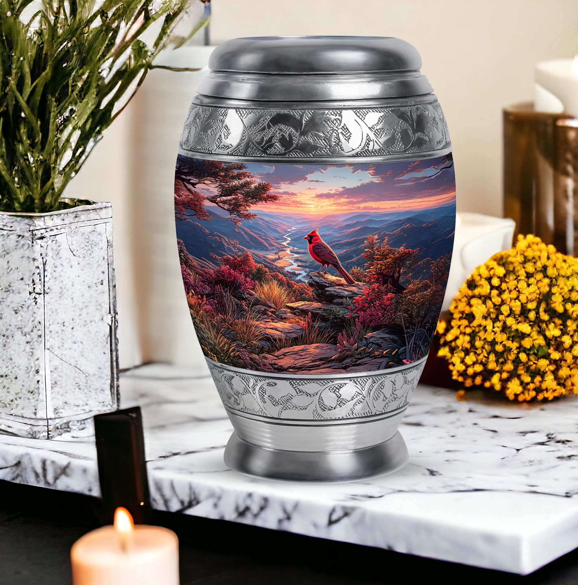 Cardinal Bird Cremation Urn For Adult Male And Female, 1 Large Blue Decorative Urns For Women, Sunset Funeral Urn For Mother, Grey Small Urns For Human Ashes Set Of 4, (10&3) Inch