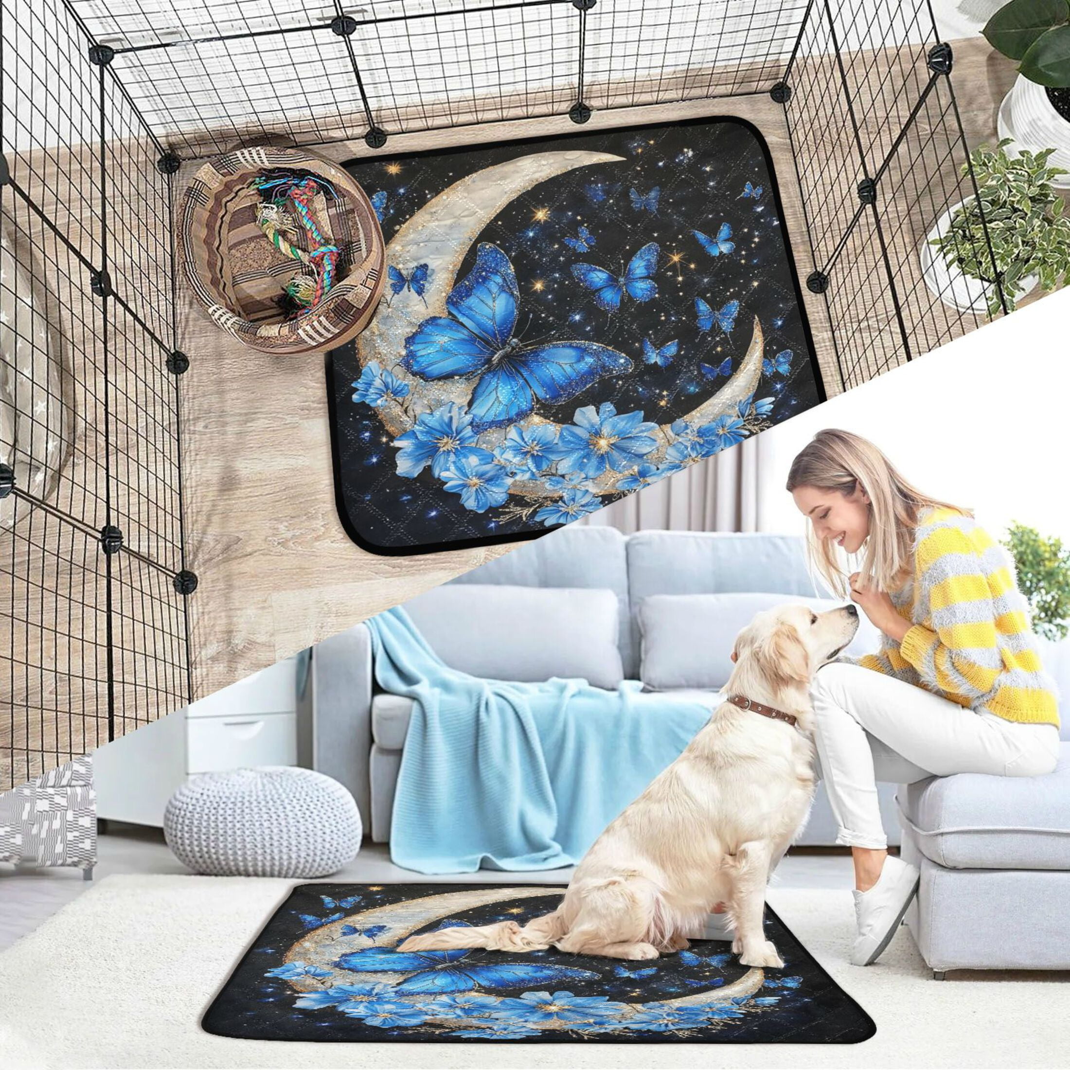 Qxltty Moon with Butterflies Cat litter Pads Pet Set of 3 Diaper Mats Center Anti-leakage Layer Absorbent Soft and Comfortable