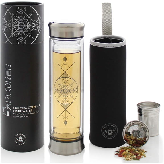 All-Beverage Infusion Bottle – 14 oz / 400 ml – Double Wall Insulated Glass Travel Flask – Hot Tea & Cold Brew Coffee Thermos – Removable Sleeve$$Home Decor, Kitchen, & Other