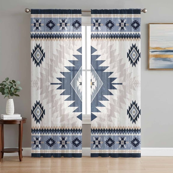 Blue Beige Boho Sheer Curtains 72 Inch Length 2 Panels Set, Vintage Ethnic Tribal Southwestern Voile Window Treatment Rod Pocket Curtains Sheers Drapes for Bedroom/Living Room/Kitchen 52"x72"x2