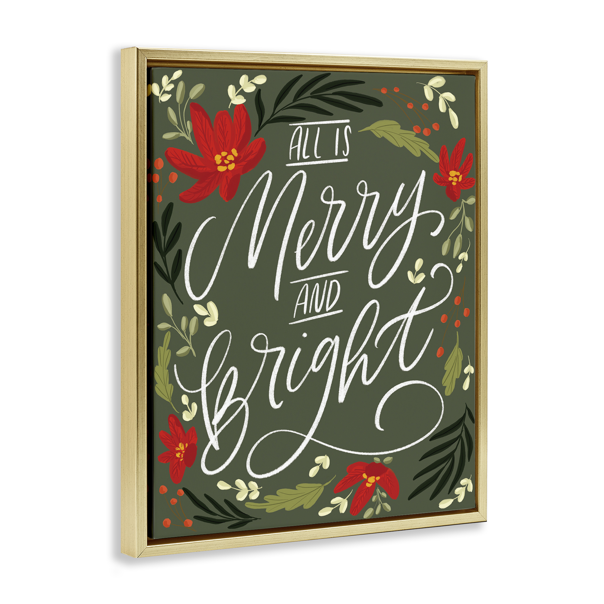 Stupell Industries Floral Merry and Bright Holiday Painting Gold Floater Framed Canvas Art Prints Wall Art, 17 x 21