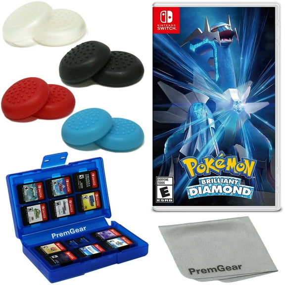 Pokemon Brilliant Diamond for Nintendo Switch (physical, US Version), with PremGear Thumb Grips (8 pack - Black, Blue, Red & Clear), 24 Slot Game Card Holder & Cleaning Cloth