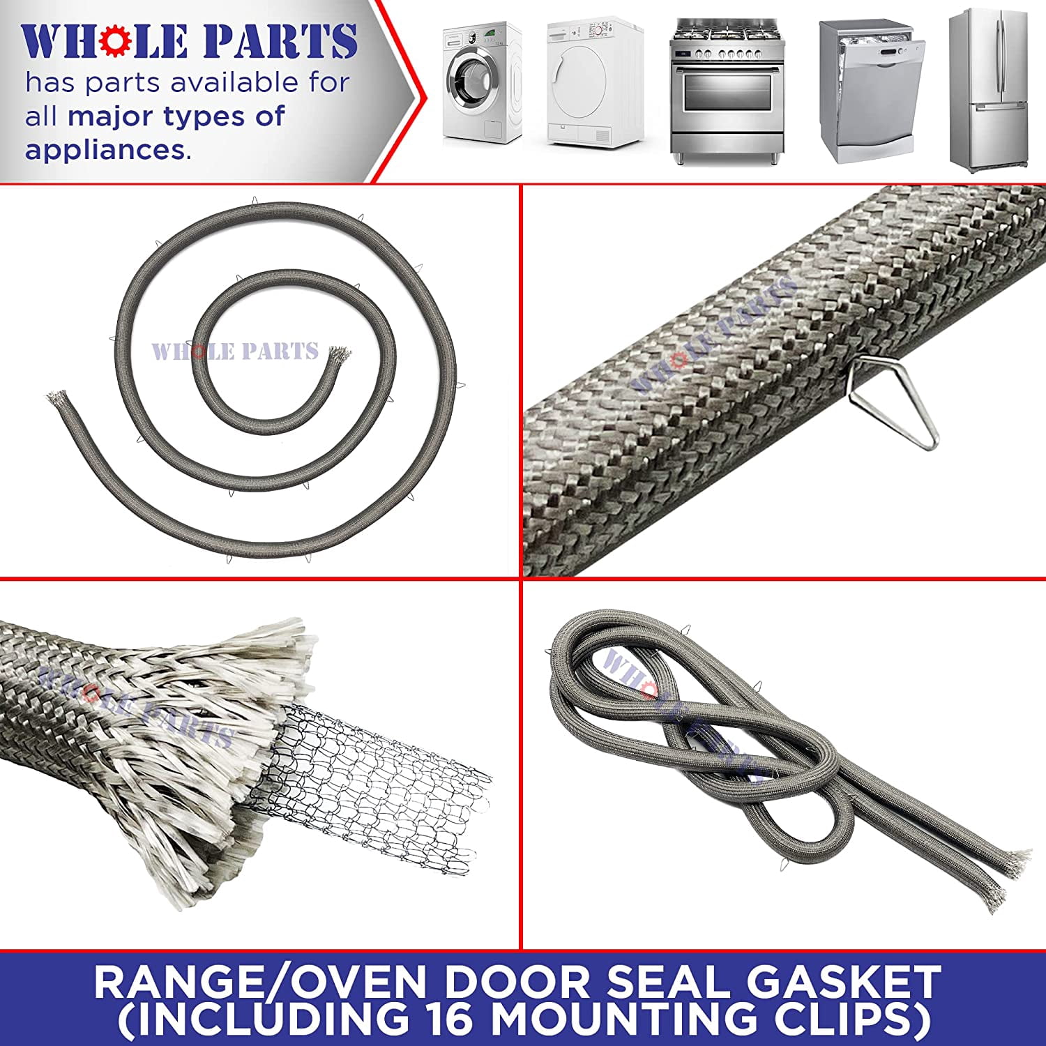 Whole Parts Range/Oven Door Seal Gasket (Including 16 Mounting Clips) Part# 5304498835 - Replacement & Compatible with Some Frigidaire, White Westinghouse and Kenmore Ranges or Ovens