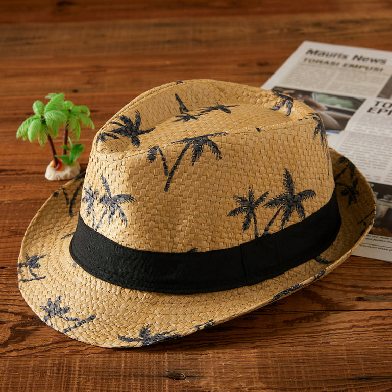 Father and Son Beach Sun Hat Straw Hat Coconut Tree Print Wide