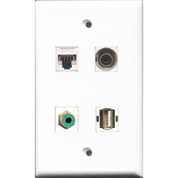 RiteAV - 1 Port RCA Green and 1 Port USB A-A and 1 Port 3.5mm and 1 Port Cat5e Ethernet White Wall Plate