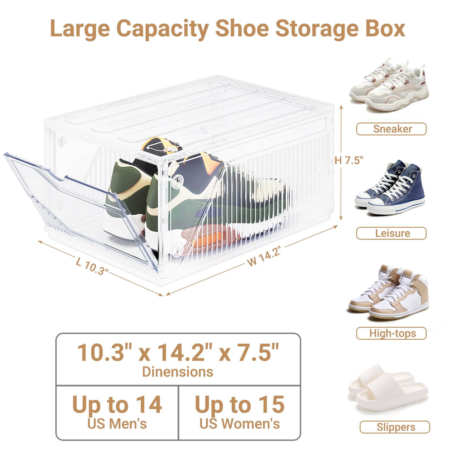 XX-Large Shoe Sneaker Storage Boxes for Size 14, Stackable & Thicken Clear Plastic Shoe Organizers 1Pack for Entryway Closet Under Bed, Shoe Storage Cabinets Container Display Case w/ Magnetic Door
