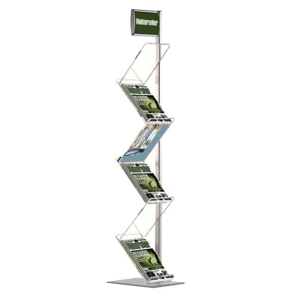 M&T Displays Zig Zag Brochure Stand, 6x(8.5x11) Acrylic Shelves, Portable Literature Rack w/Header