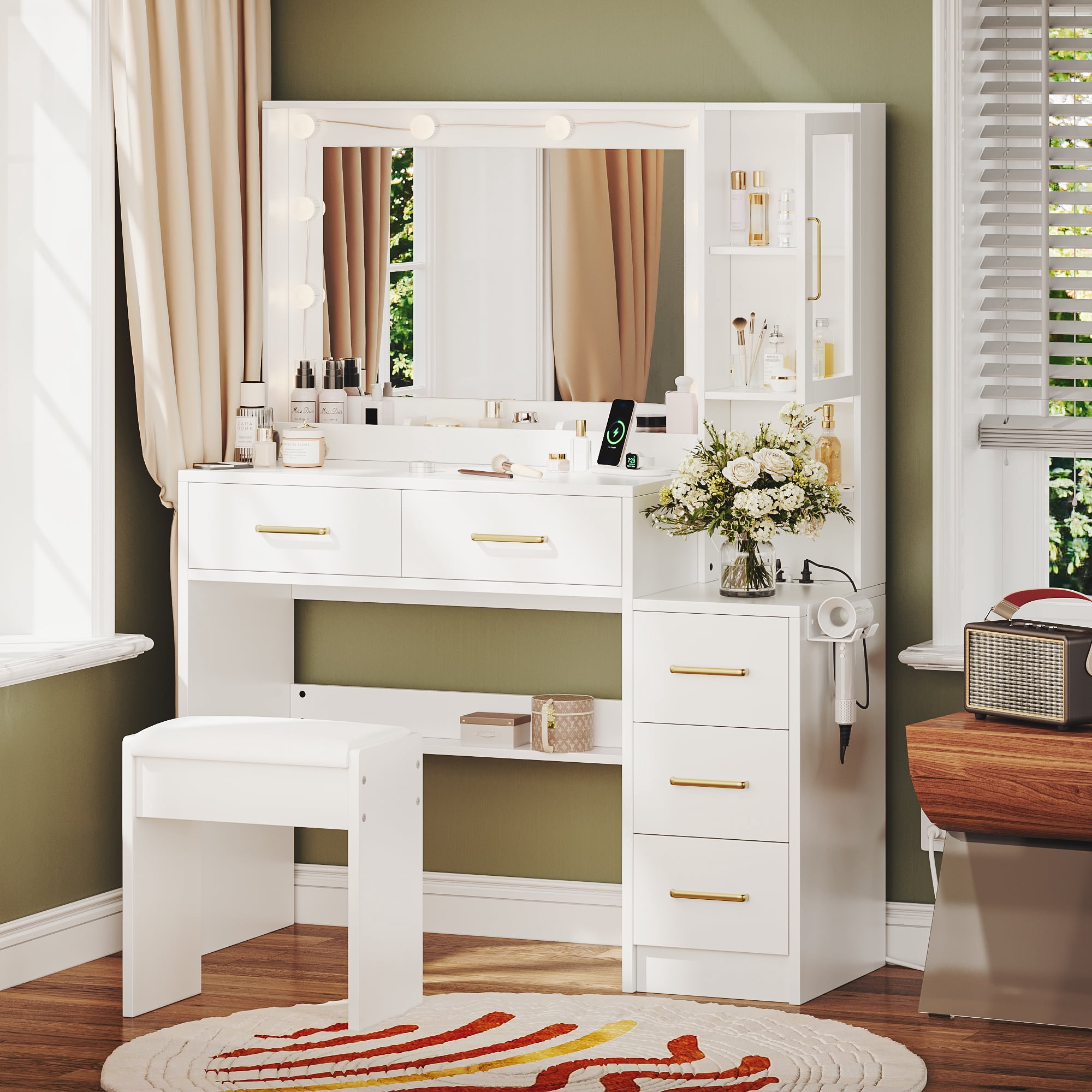 UGTOO Elegant White Vanity Desk with LED Mirror & Gold Handles - 5 Drawers, Storage Shelves & Stool (Built-in USB Charging, Easy Assembly)