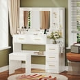 thumbnail image 4 of UGTOO 35.4" White Makeup Vanity Desk with LED Mirror, Solid Wood Frame, 5-Drawer Dressing Table, Gold Handles, 4 of 15