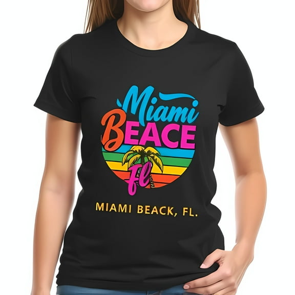 Vibrant Retro Miami Beach FL Cotton Short Sleeve T-Shirt with Colorful Circular & Tree Design