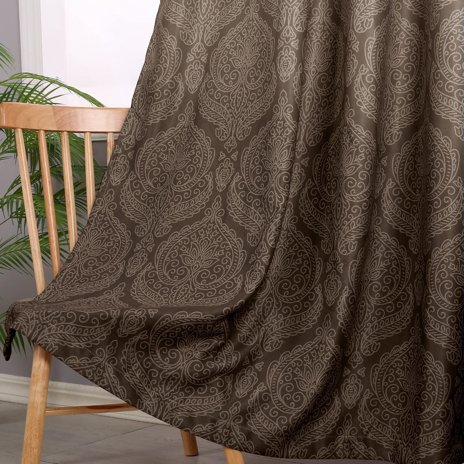 JIUZHEN Ombre Blackout Curtains for Bedroom - Grommet Top Thermal Insulated Room Darkening Window Drapes for Living Room, set of 2 Gradient Damask Curtain Panels, 52 x 96 Inches Long, Brown