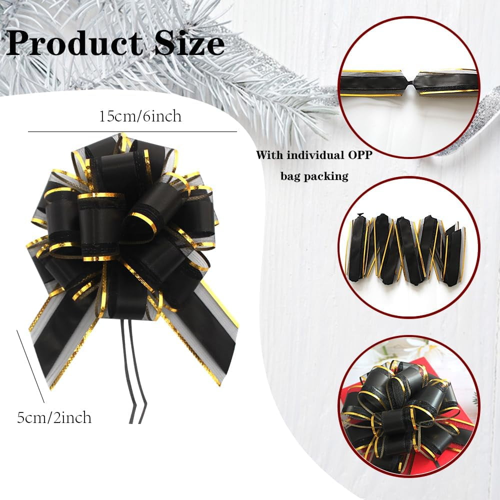 6 Pieces Black Bows for Gift Wrapping Pull Bow Ribbon Christmas Wedding Baskets Valentine's Day inch (Black)