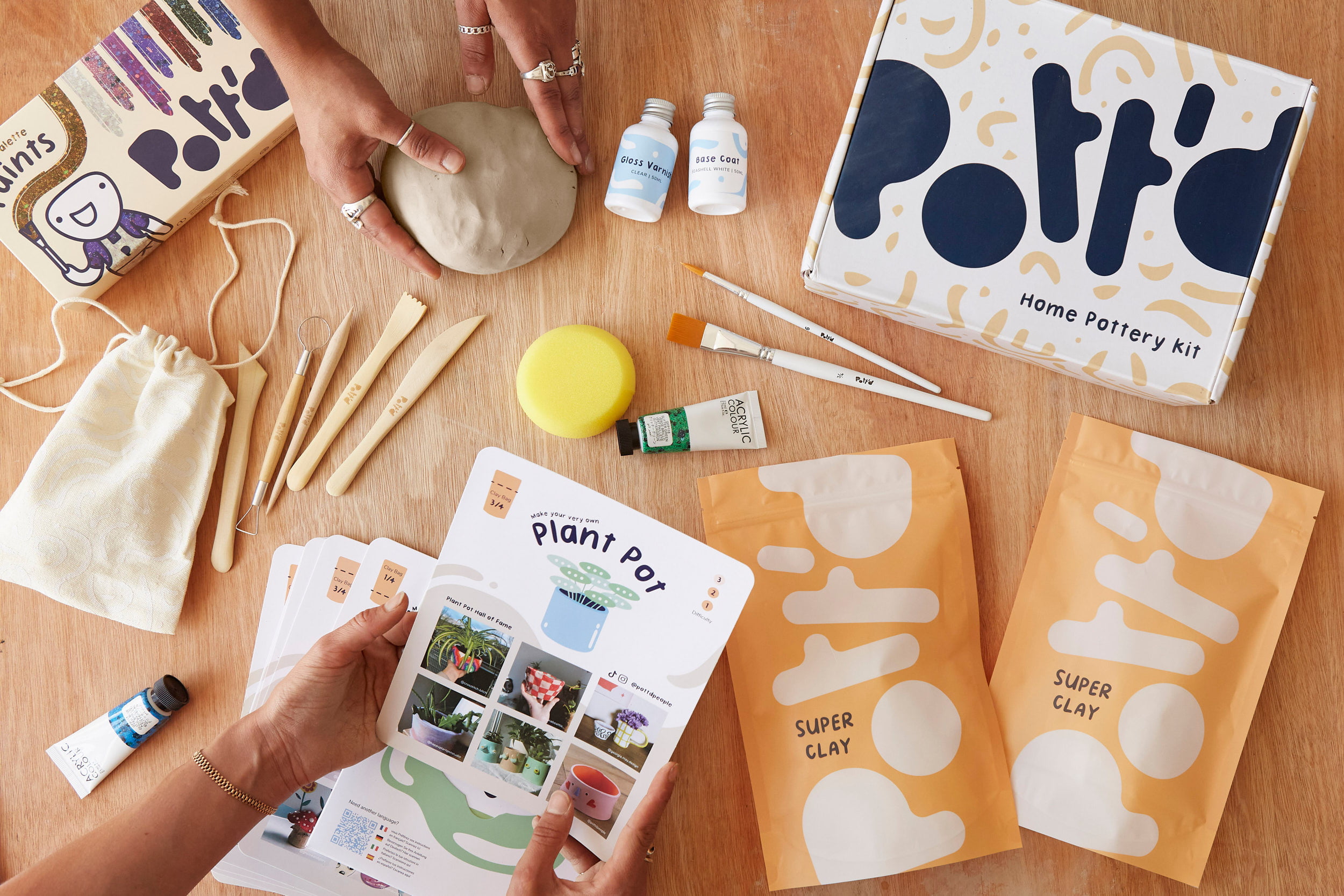 Pott'd Home Air-Dry Clay Pottery Kit for Beginners & Adults. Kit Includes:  Air-Dry Clay, Tools, Paints, Brushes, Sealant, How-to-Guide 