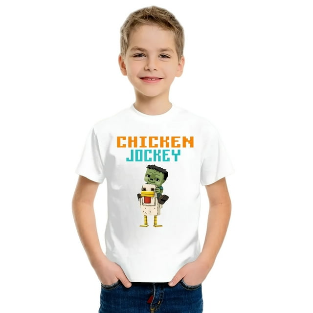 T-Shirt Décontracté pour Garçons - Design Pixel Art Poulet & Œuf avec Texte "Pucken JOCKEY", Manches Courtes Amples Col Rond, Chemise Noire Lavable en Machine, Tissu Respirant Amusant, Parfait pour Ga